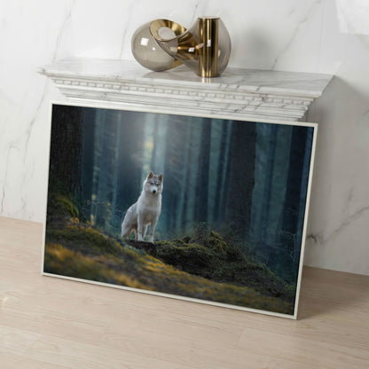Siberian Husky in Winter Forest Canvas in white floating frame