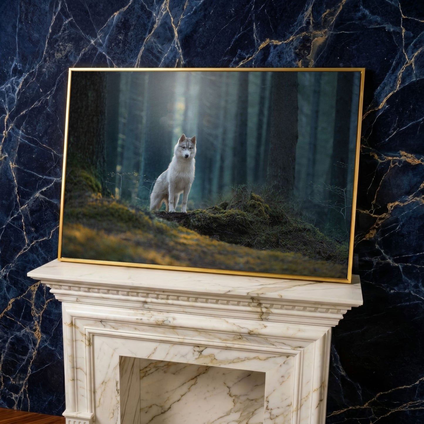 Siberian Husky in Winter Forest Canvas in yellow gold floating frame