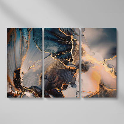Fluid Abstract Marble Canvas in Navy, Gray & Gold as 3-panel split version
