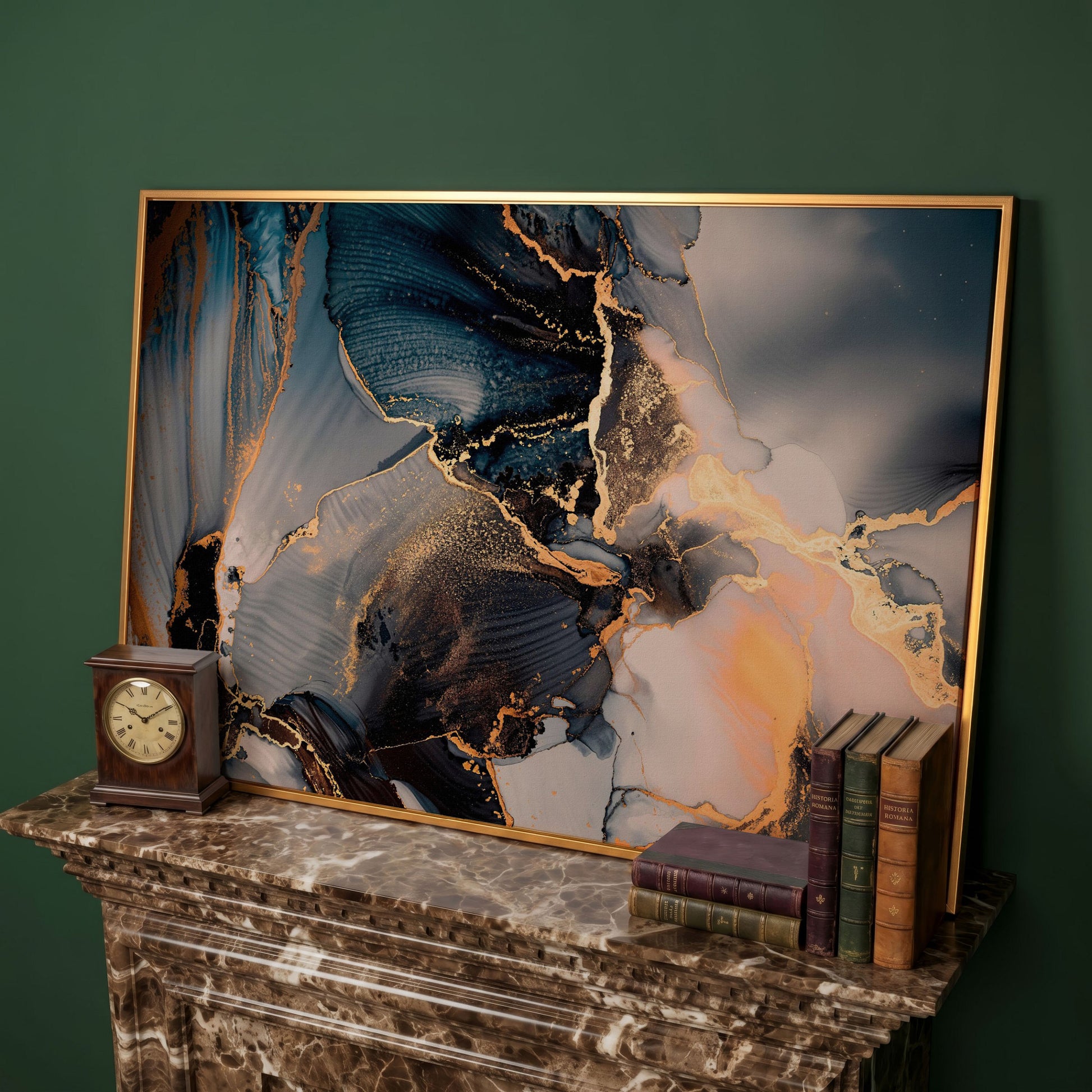 Fluid Abstract Marble Canvas in Navy, Gray & Gold in antique gold floating frame