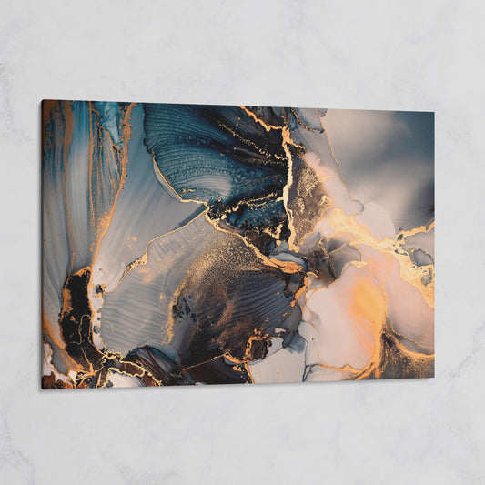 Fluid Abstract Marble Canvas in Navy, Gray & Gold on gallery wrap