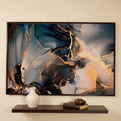 Fluid Abstract Marble Canvas in Navy, Gray & Gold in dark walnut floating frame
