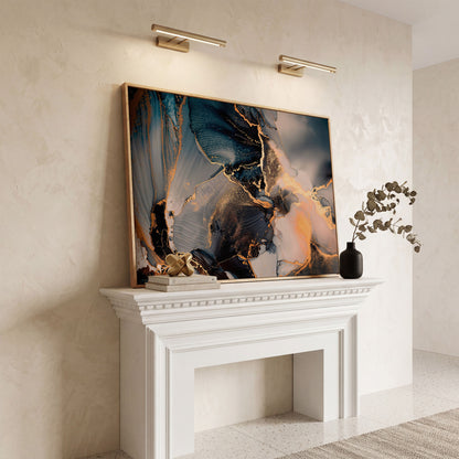 Fluid Abstract Marble Canvas in Navy, Gray & Gold in white oak floating frame
