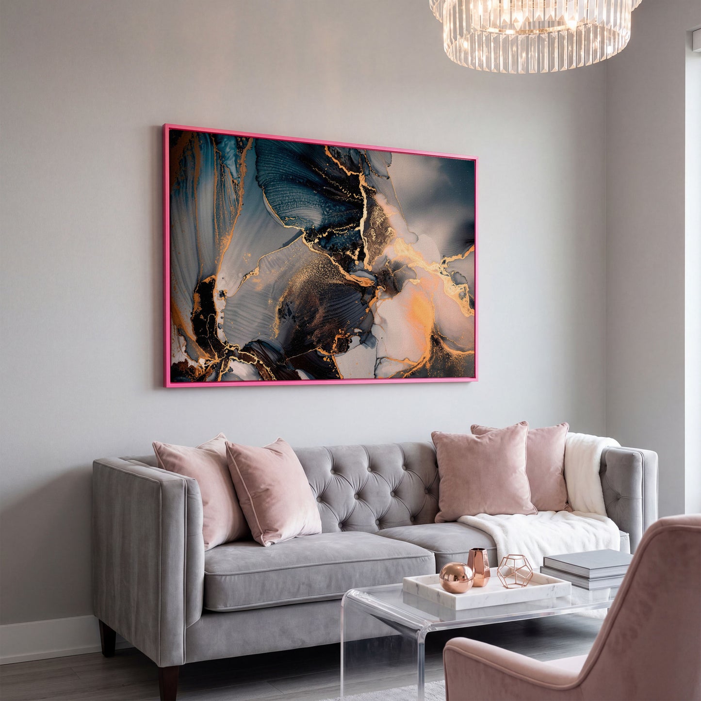 Fluid Abstract Marble Canvas in Navy, Gray & Gold in pink floating frame