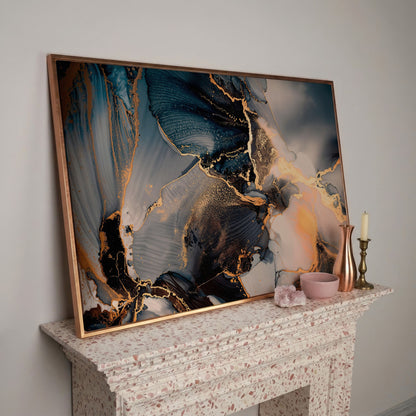 Fluid Abstract Marble Canvas in Navy, Gray & Gold in rose gold floating frame