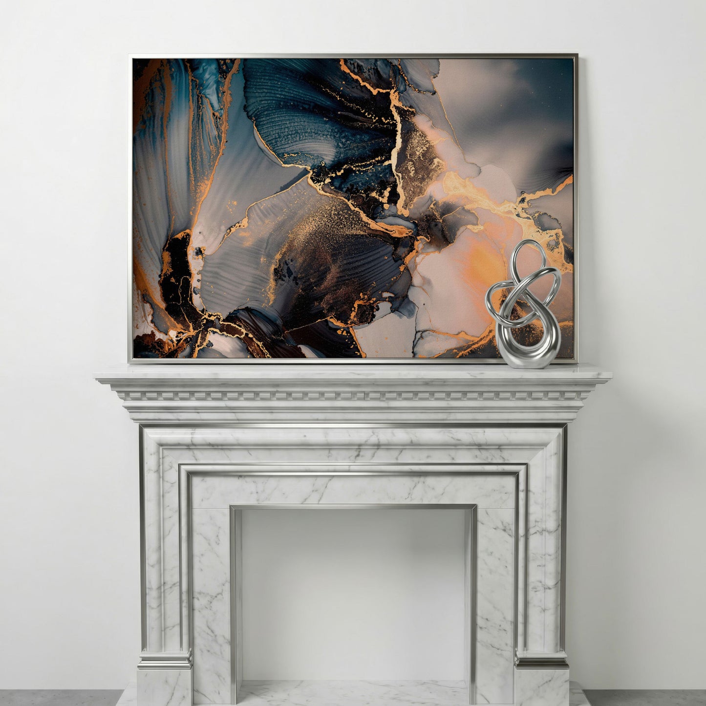 Fluid Abstract Marble Canvas in Navy, Gray & Gold in silver floating frame