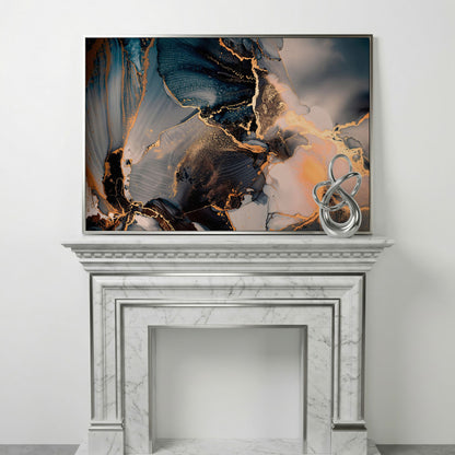 Fluid Abstract Marble Canvas in Navy, Gray & Gold in silver floating frame