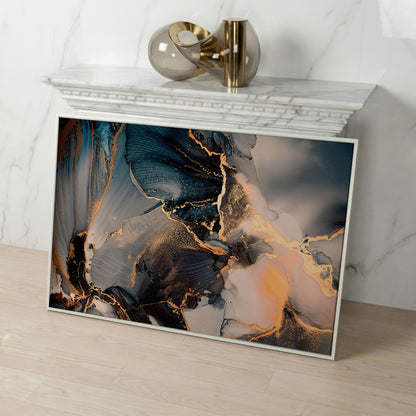 Fluid Abstract Marble Canvas in Navy, Gray & Gold in white floating frame