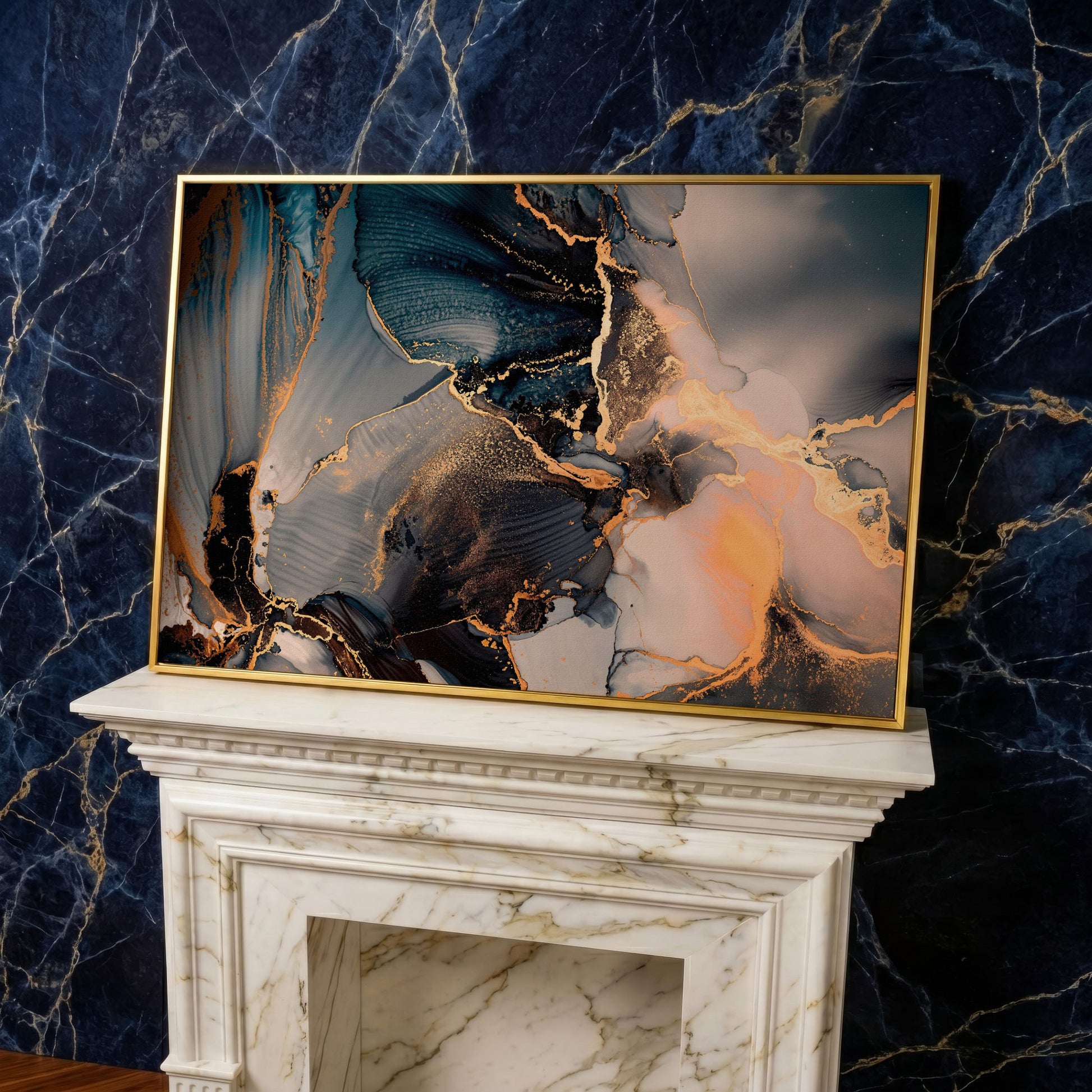 Fluid Abstract Marble Canvas in Navy, Gray & Gold in yellow gold floating frame