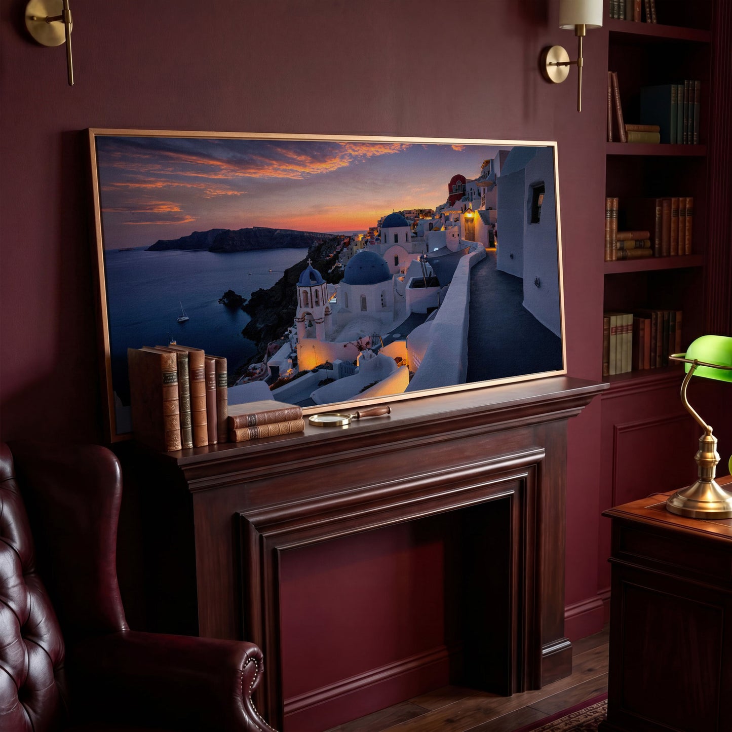 Santorini at Sunset Canvas in antique gold floating frame