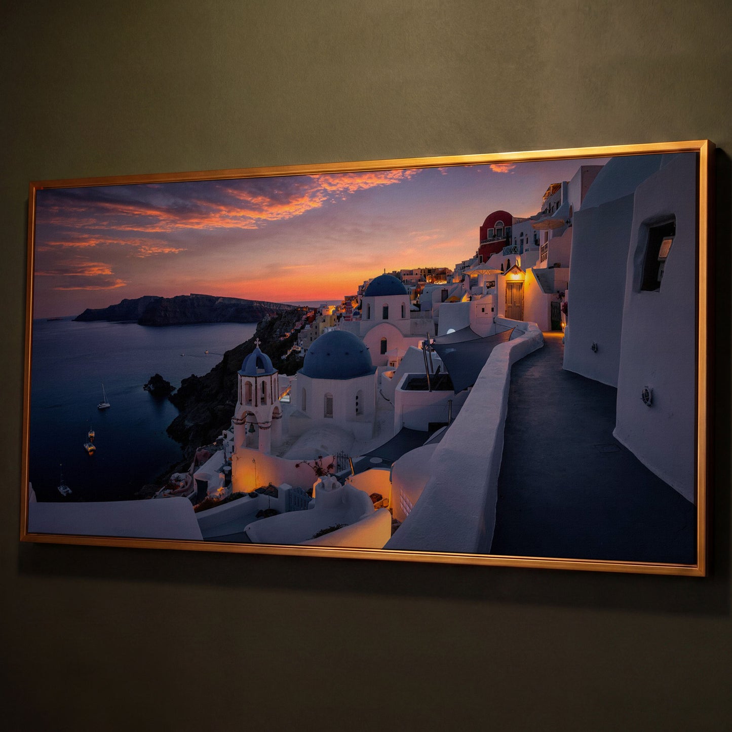 Santorini at Sunset Canvas shown in antique gold floating frame