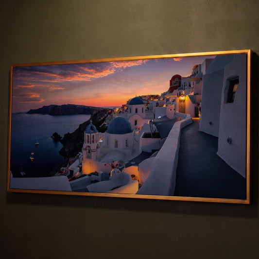 Santorini at Sunset Canvas shown in antique gold floating frame