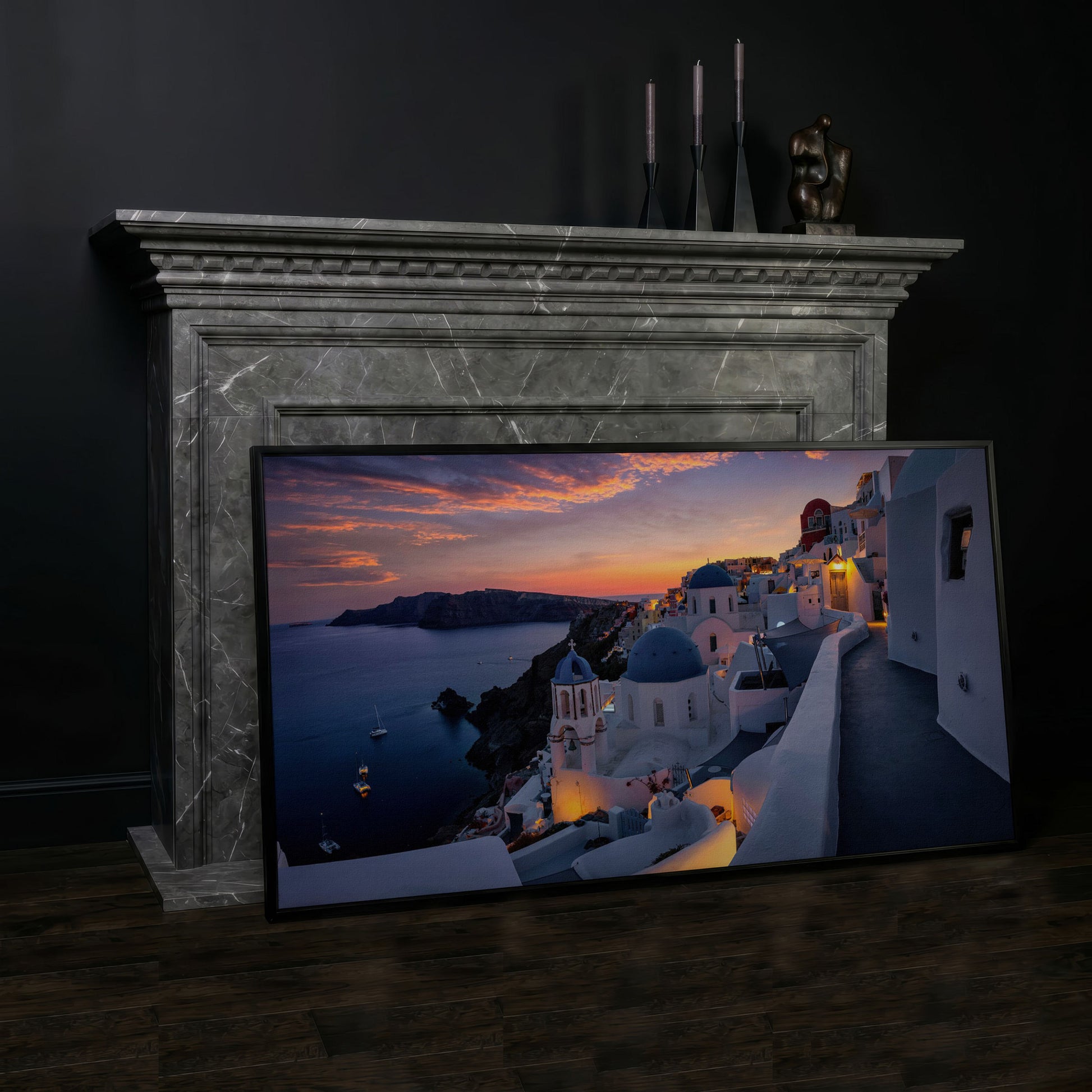 Santorini at Sunset Canvas in black floating frame