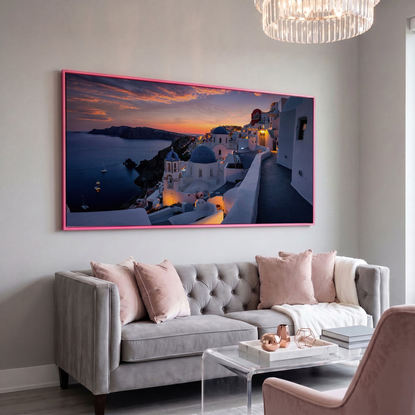 Santorini at Sunset Canvas in pink floating frame