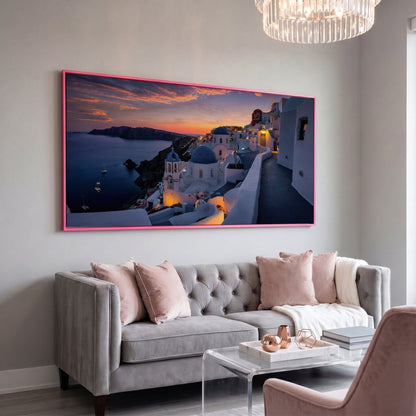 Santorini at Sunset Canvas in pink floating frame