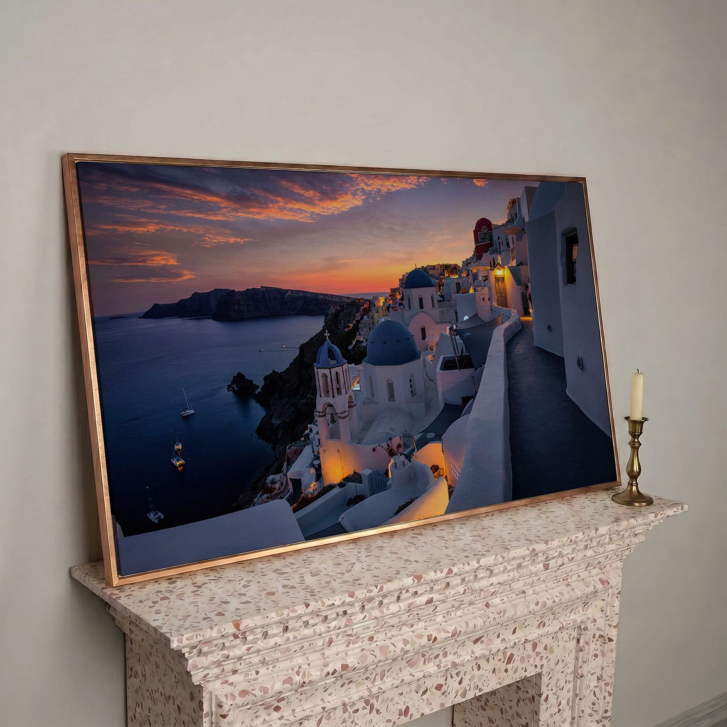 Santorini at Sunset Canvas in rose gold floating frame