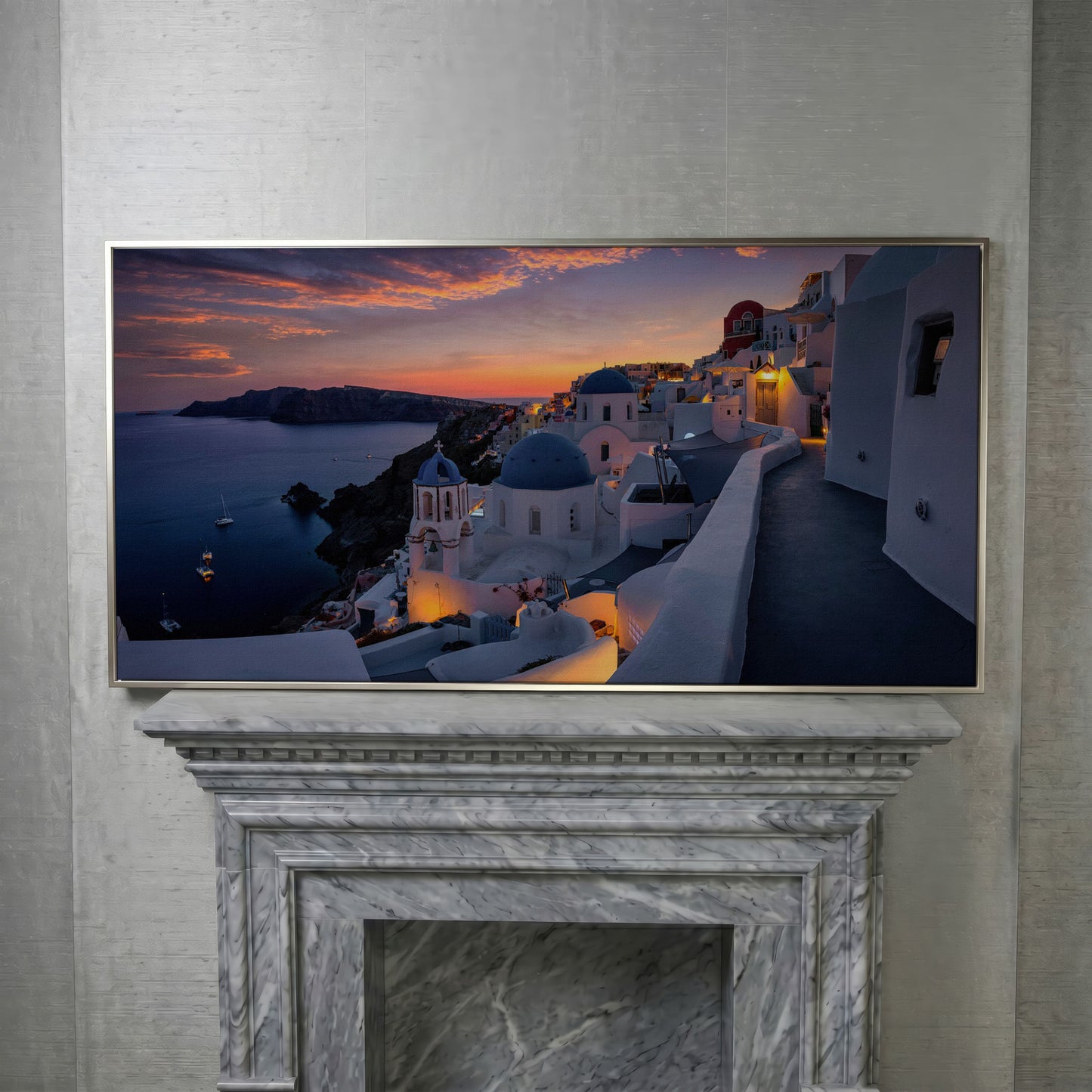 Santorini at Sunset Canvas in silver floating frame