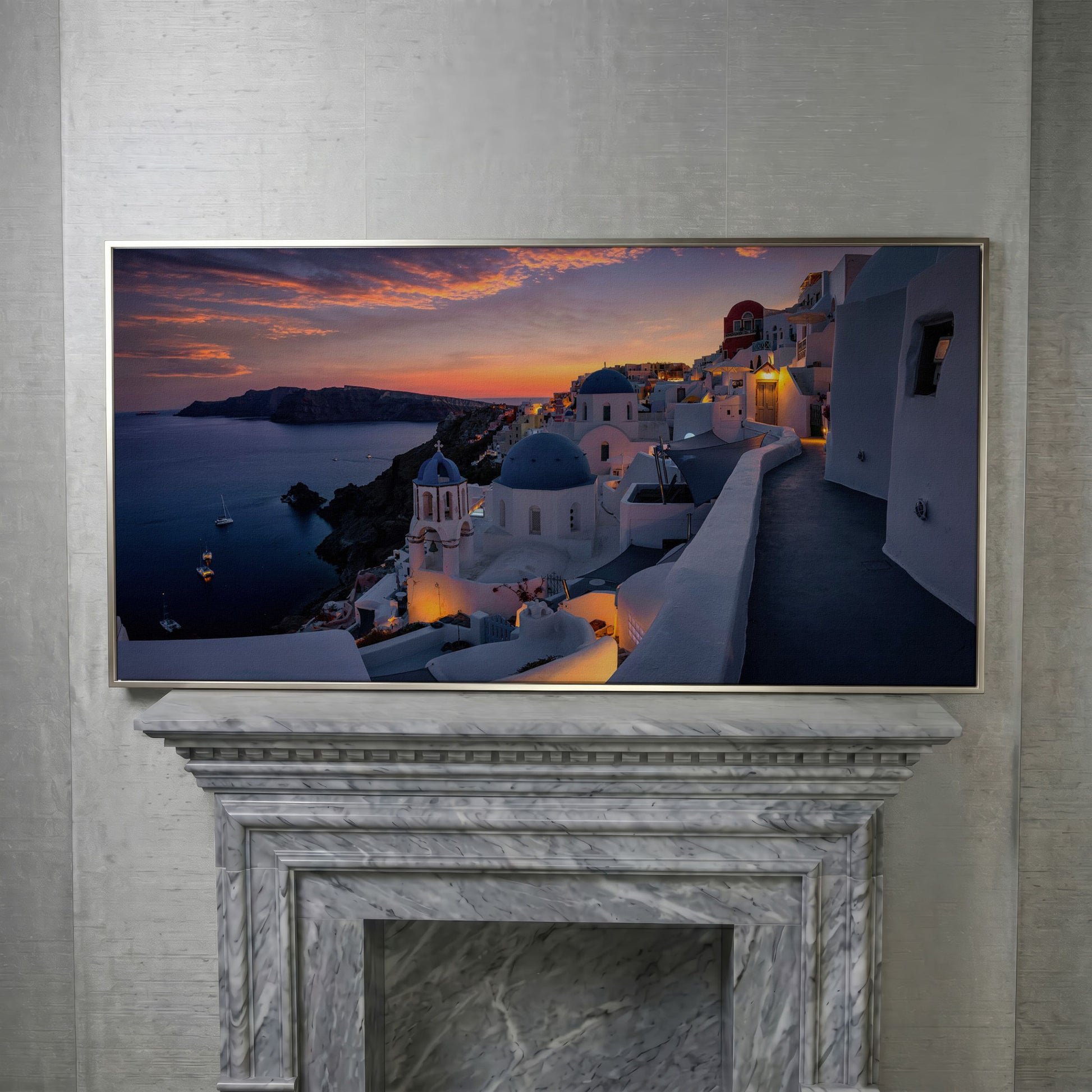Santorini at Sunset Canvas in silver floating frame