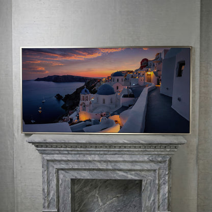 Santorini at Sunset Canvas in silver floating frame