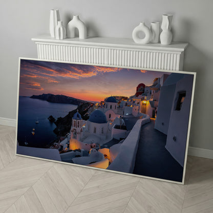 Santorini at Sunset Canvas in white floating frame