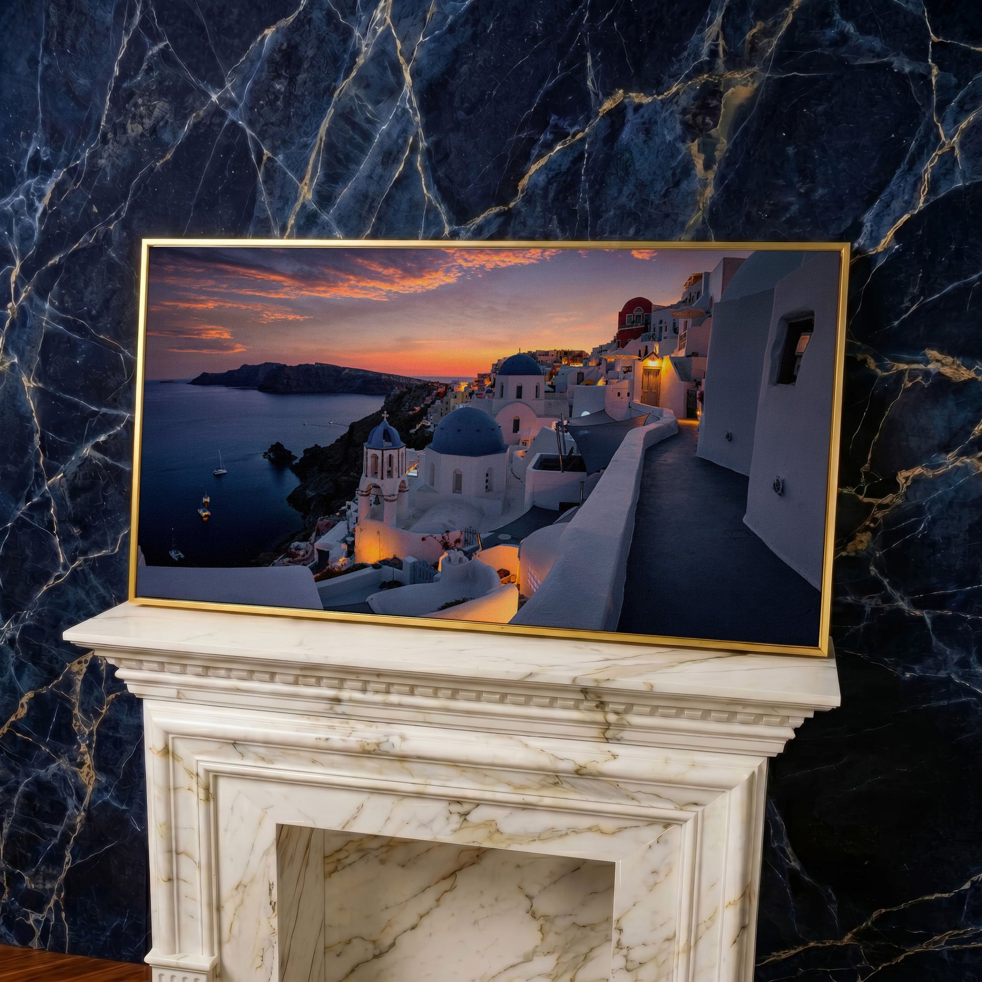 Santorini at Sunset Canvas in yellow gold floating frame