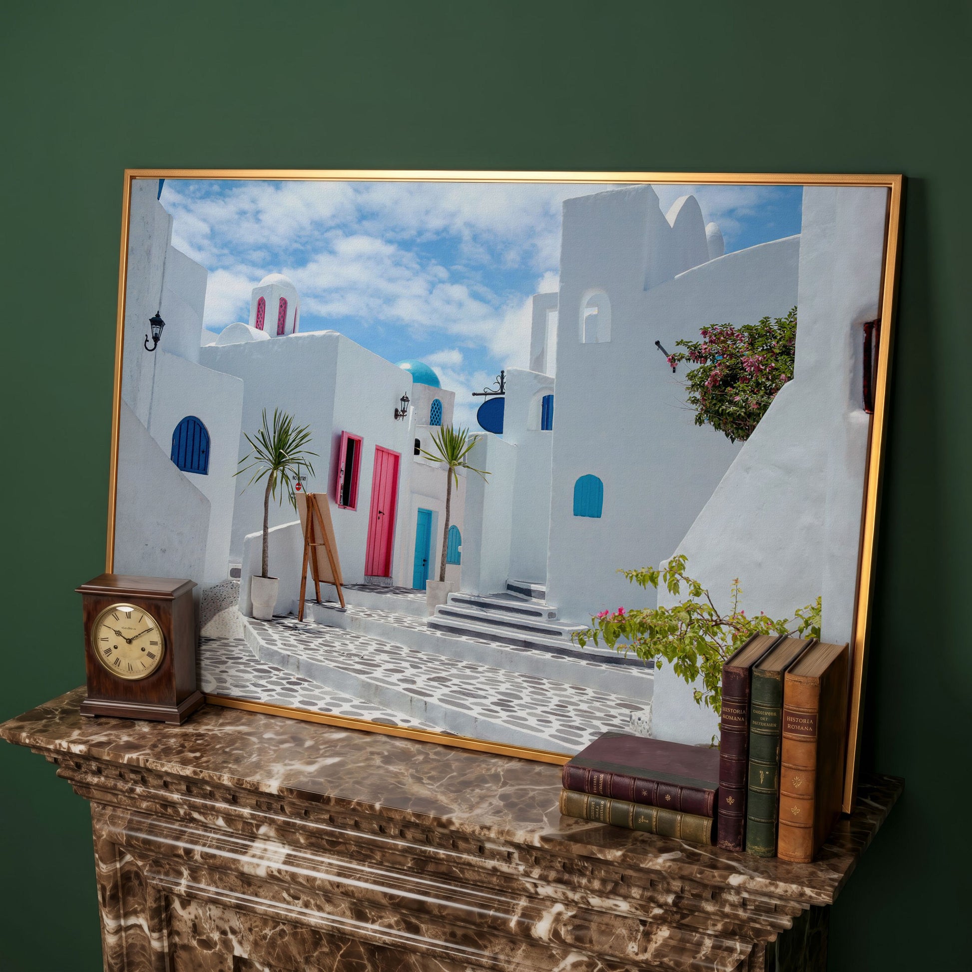 Santorini Cycladic Houses Canvas Print in antique gold floating frame