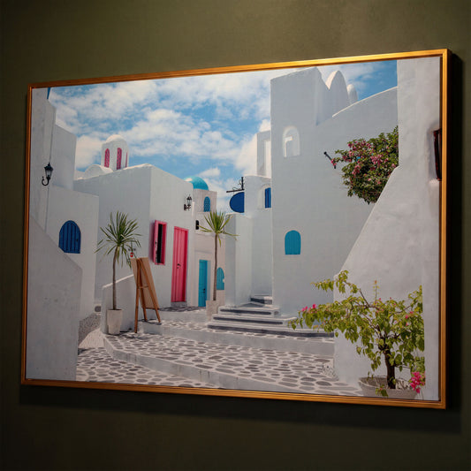 Santorini Cycladic Houses Canvas Print shown in antique gold floating frame