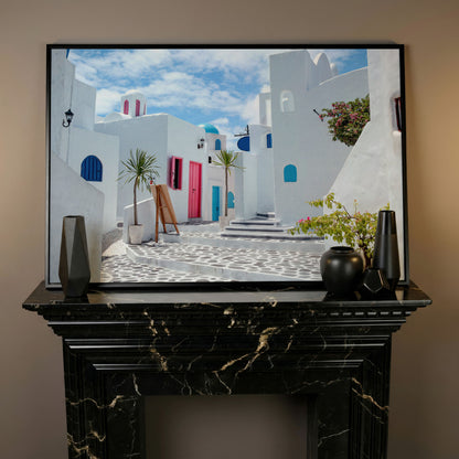 Santorini Cycladic Houses Canvas Print in black floating frame