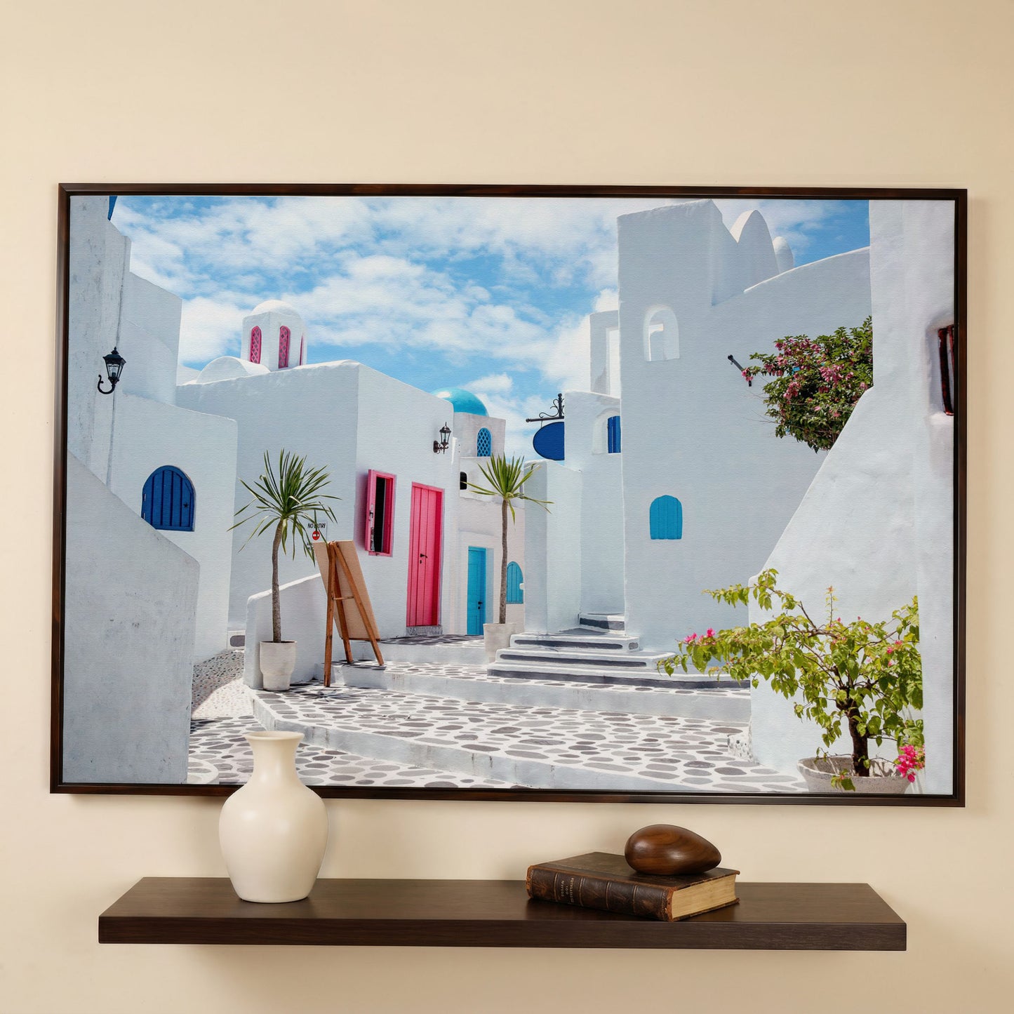 Santorini Cycladic Houses Canvas Print in dark walnut floating frame