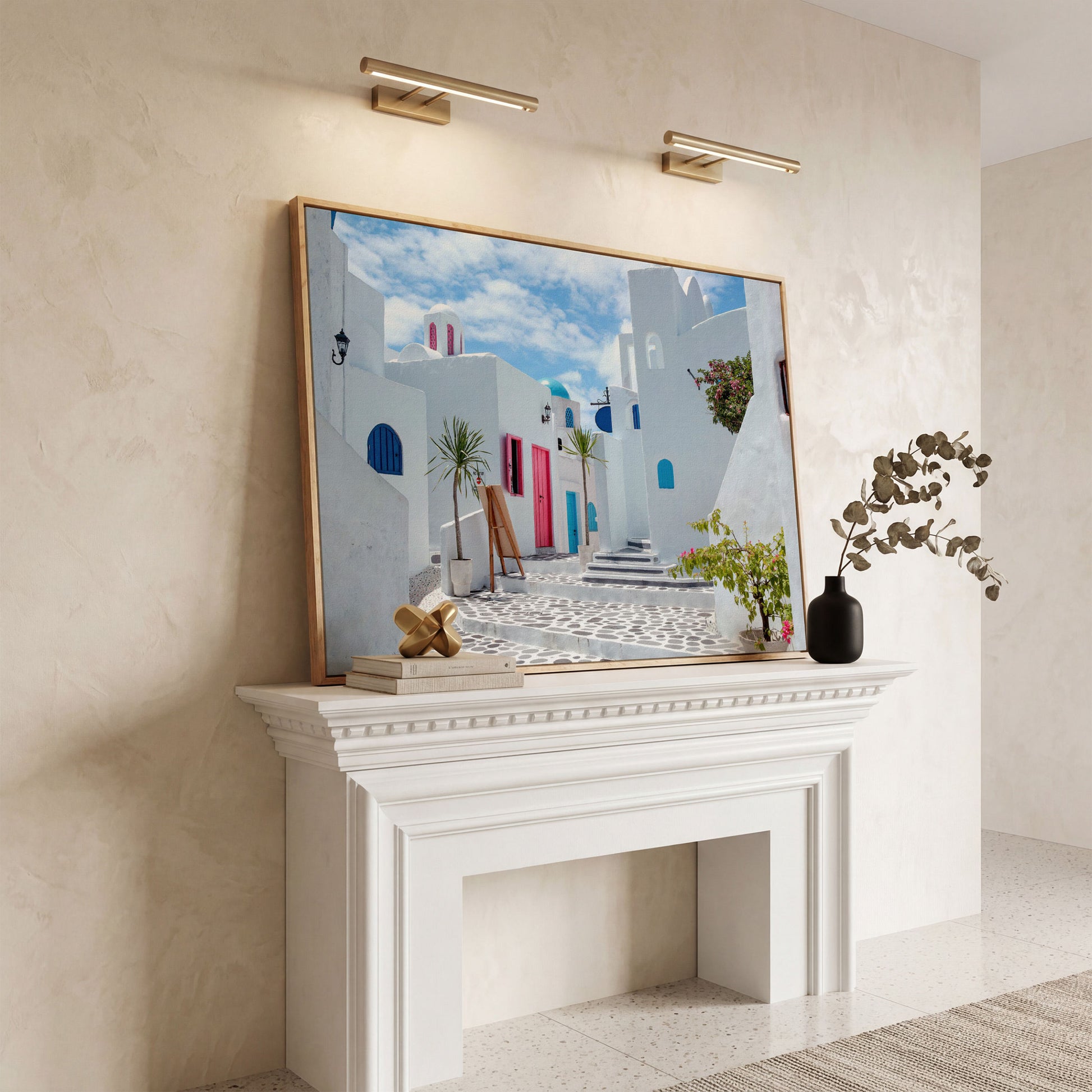 Santorini Cycladic Houses Canvas Print in white oak floating frame