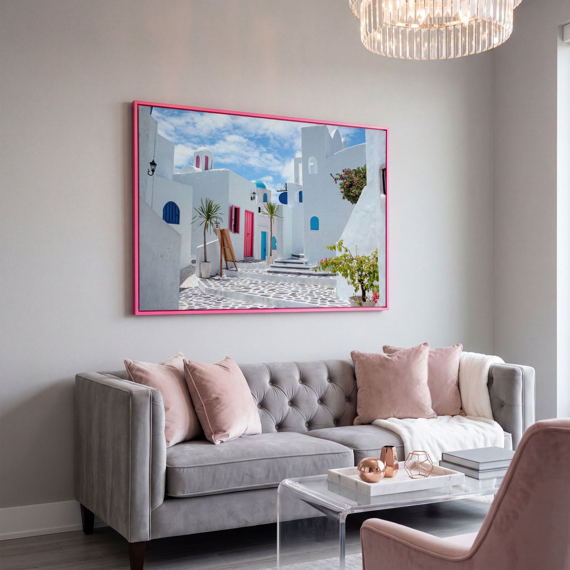 Santorini Cycladic Houses Canvas Print in pink floating frame