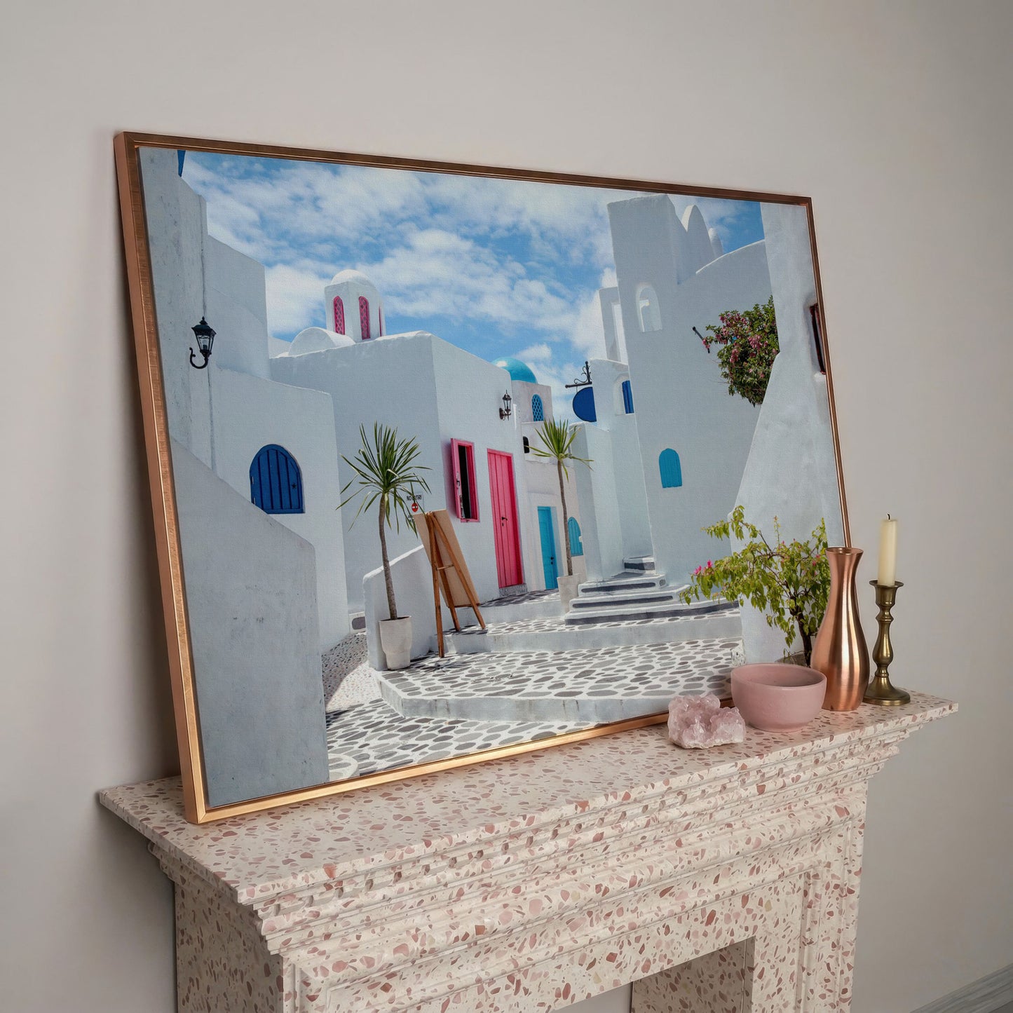 Santorini Cycladic Houses Canvas Print in rose gold floating frame