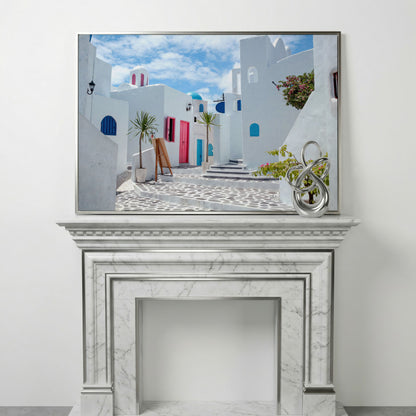 Santorini Cycladic Houses Canvas Print in silver floating frame