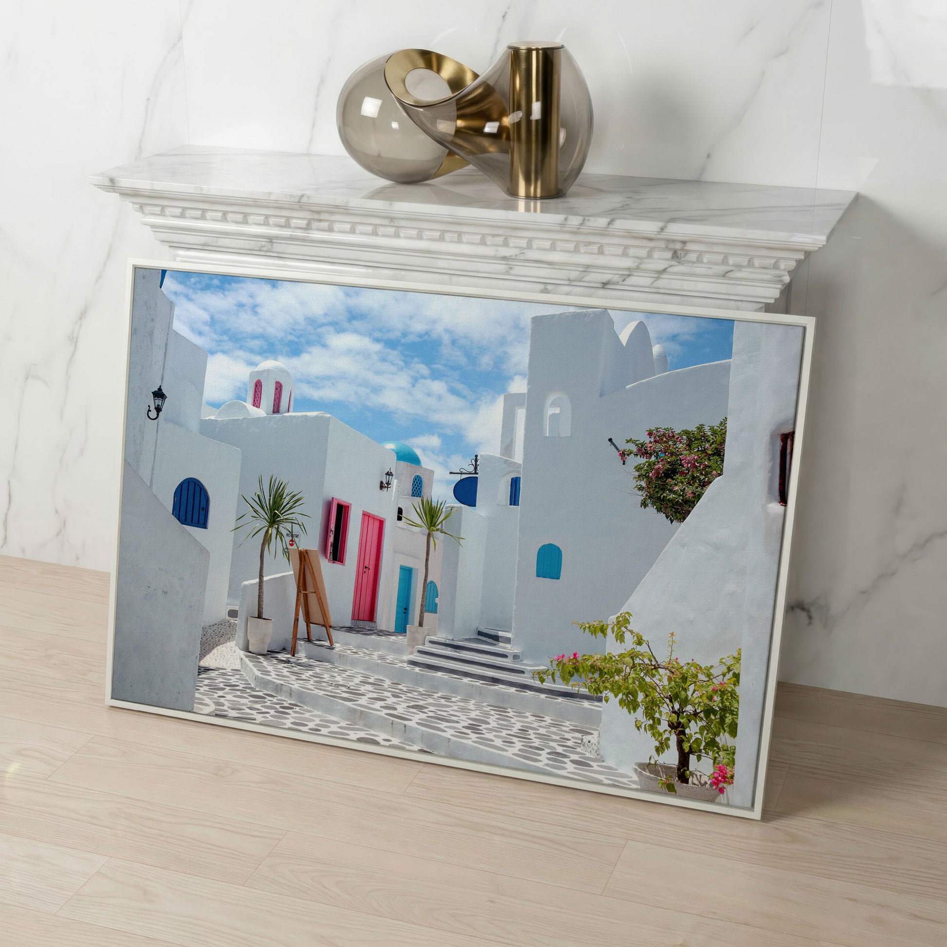 Santorini Cycladic Houses Canvas Print in white floating frame