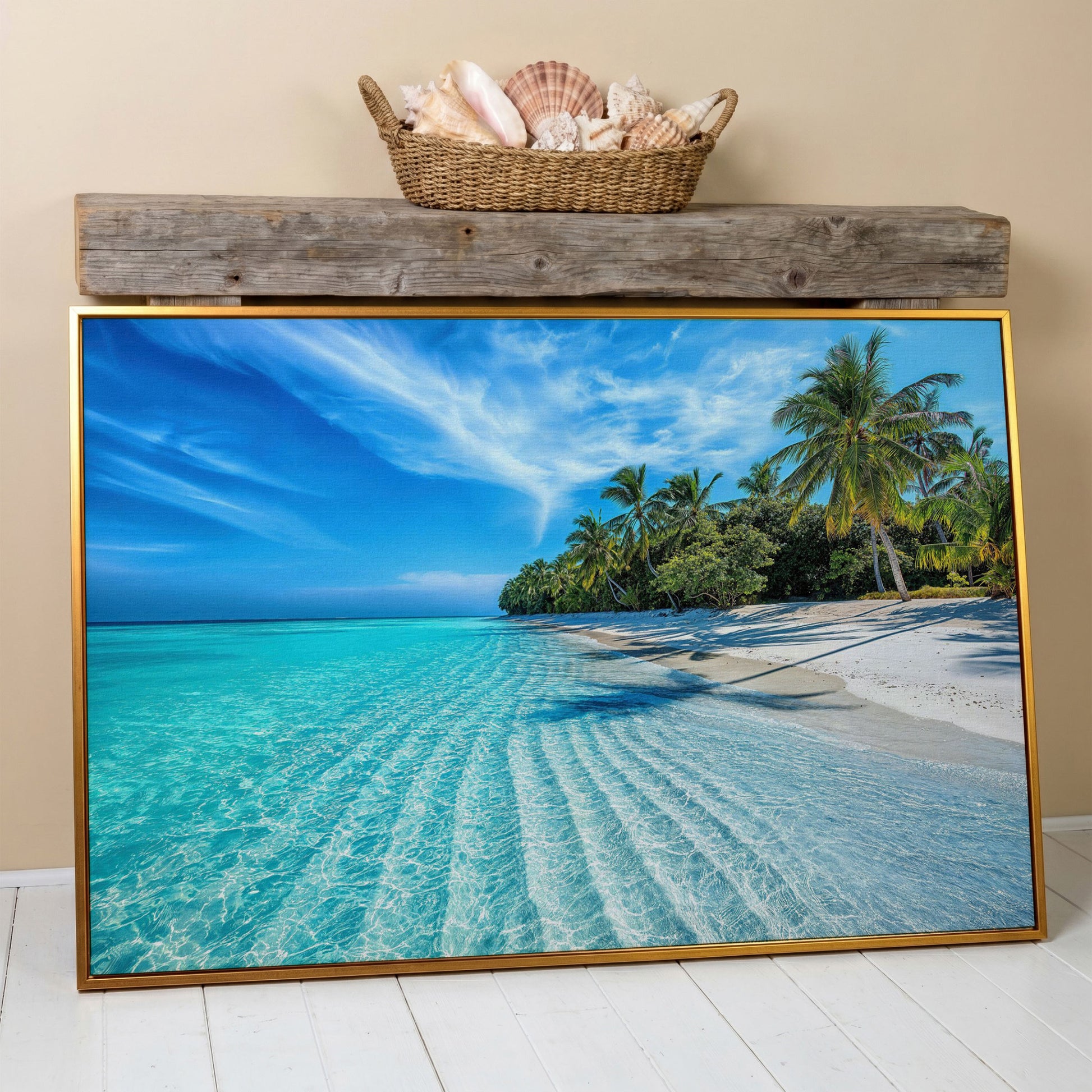 Tropical Beach with Palm Trees Canvas in antique gold floating frame