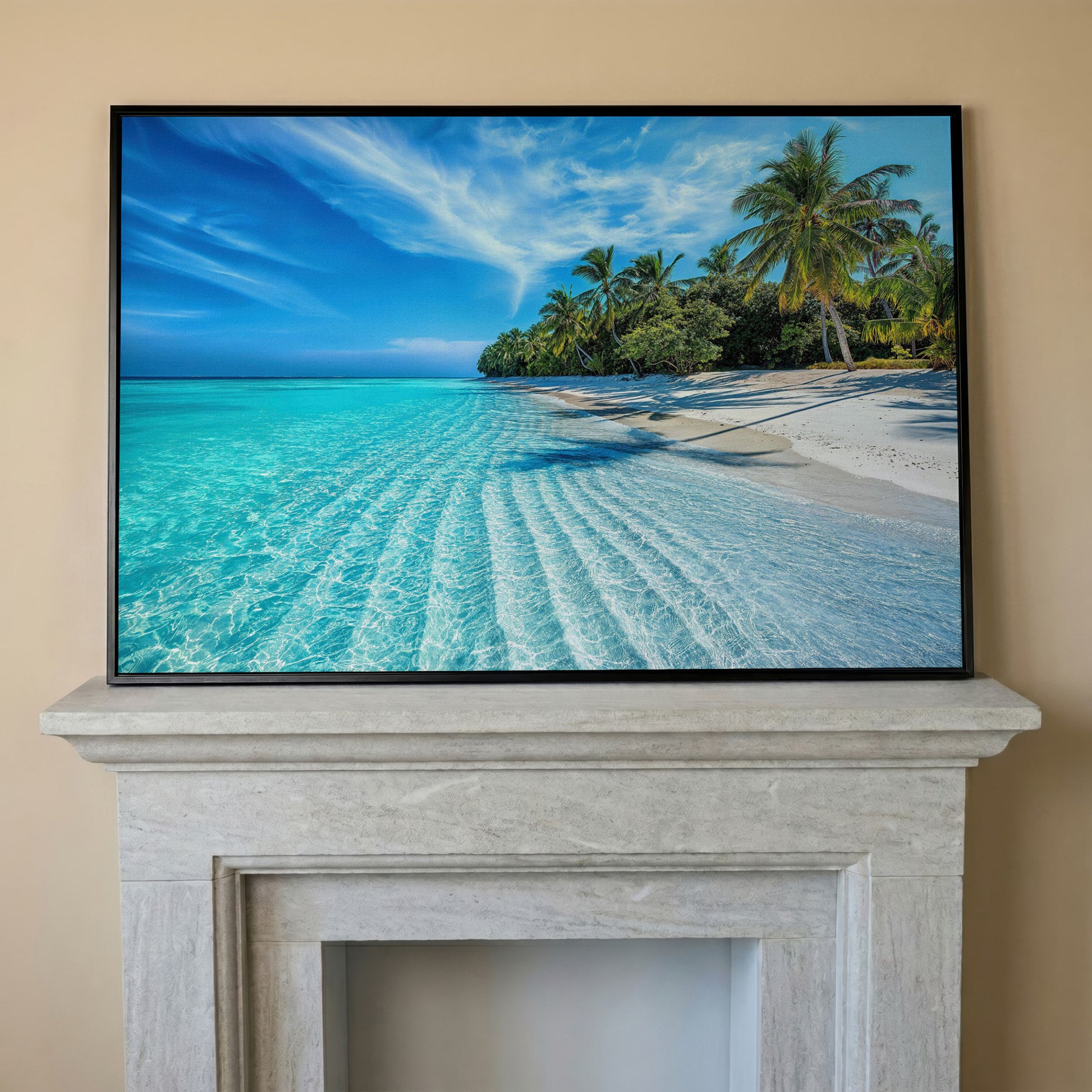 Tropical Beach with Palm Trees Canvas in black floating frame