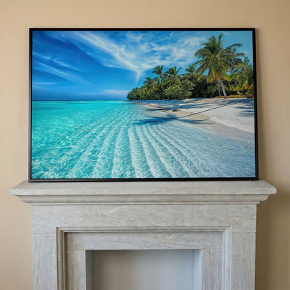 Tropical Beach with Palm Trees Canvas in black floating frame