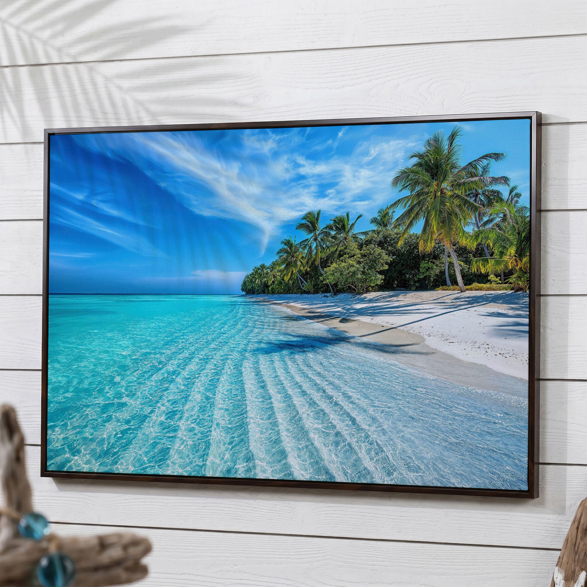 Tropical Beach with Palm Trees Canvas in dark walnut floating frame