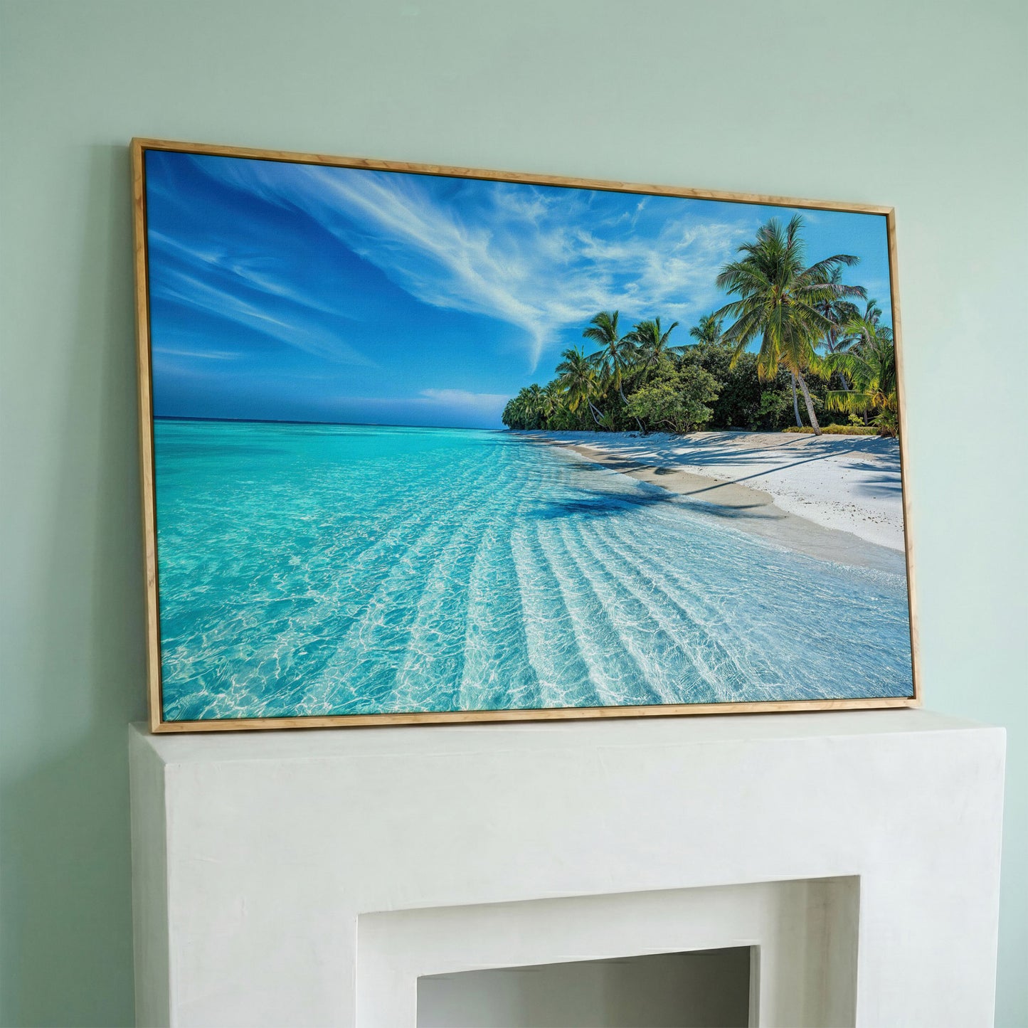 Tropical Beach with Palm Trees Canvas in white oak floating frame