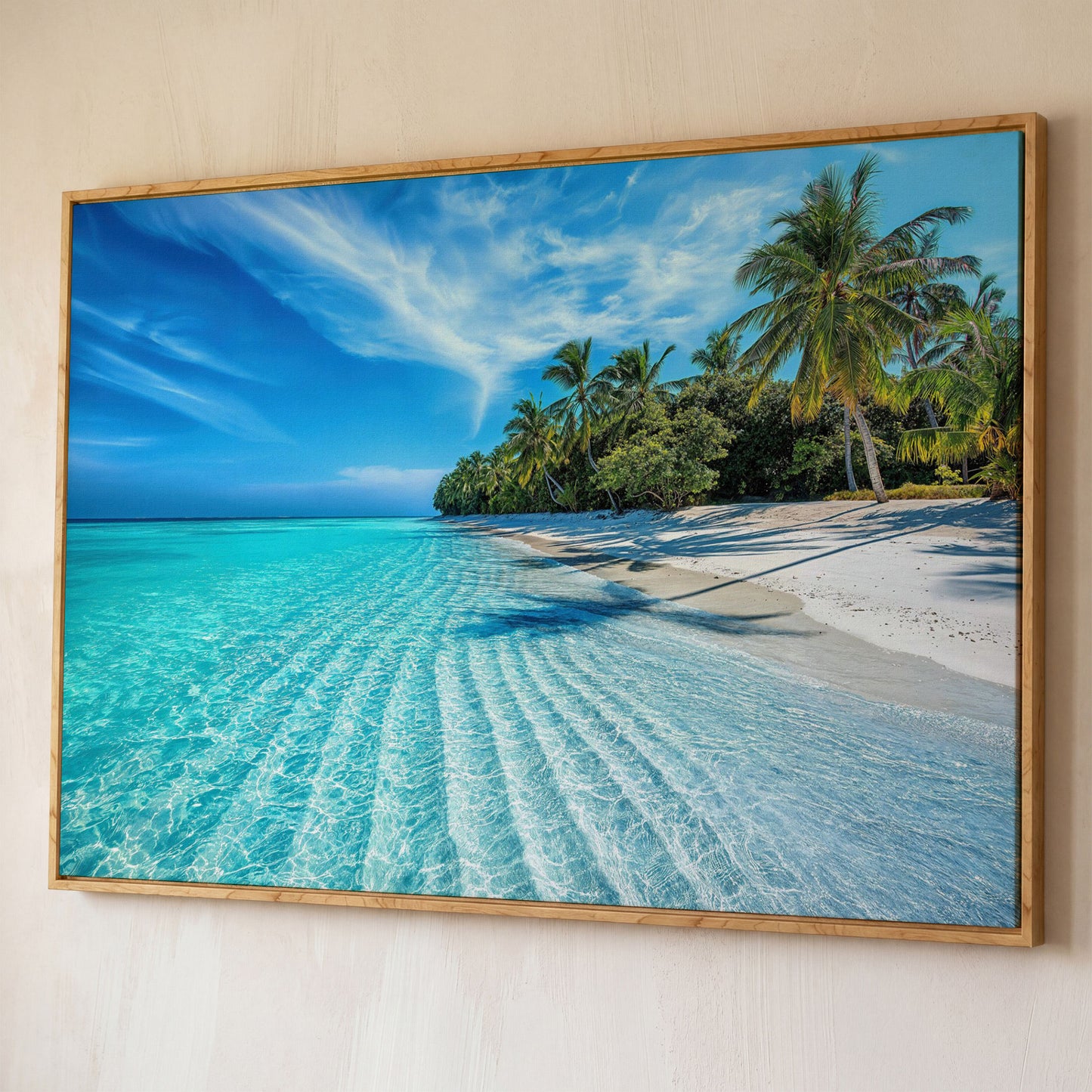 Tropical Beach with Palm Trees Canvas shown in white oak floating frame