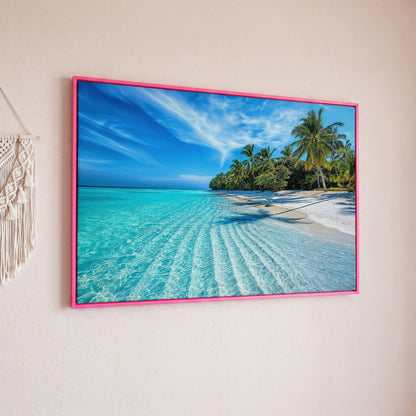 Tropical Beach with Palm Trees Canvas in pink floating frame