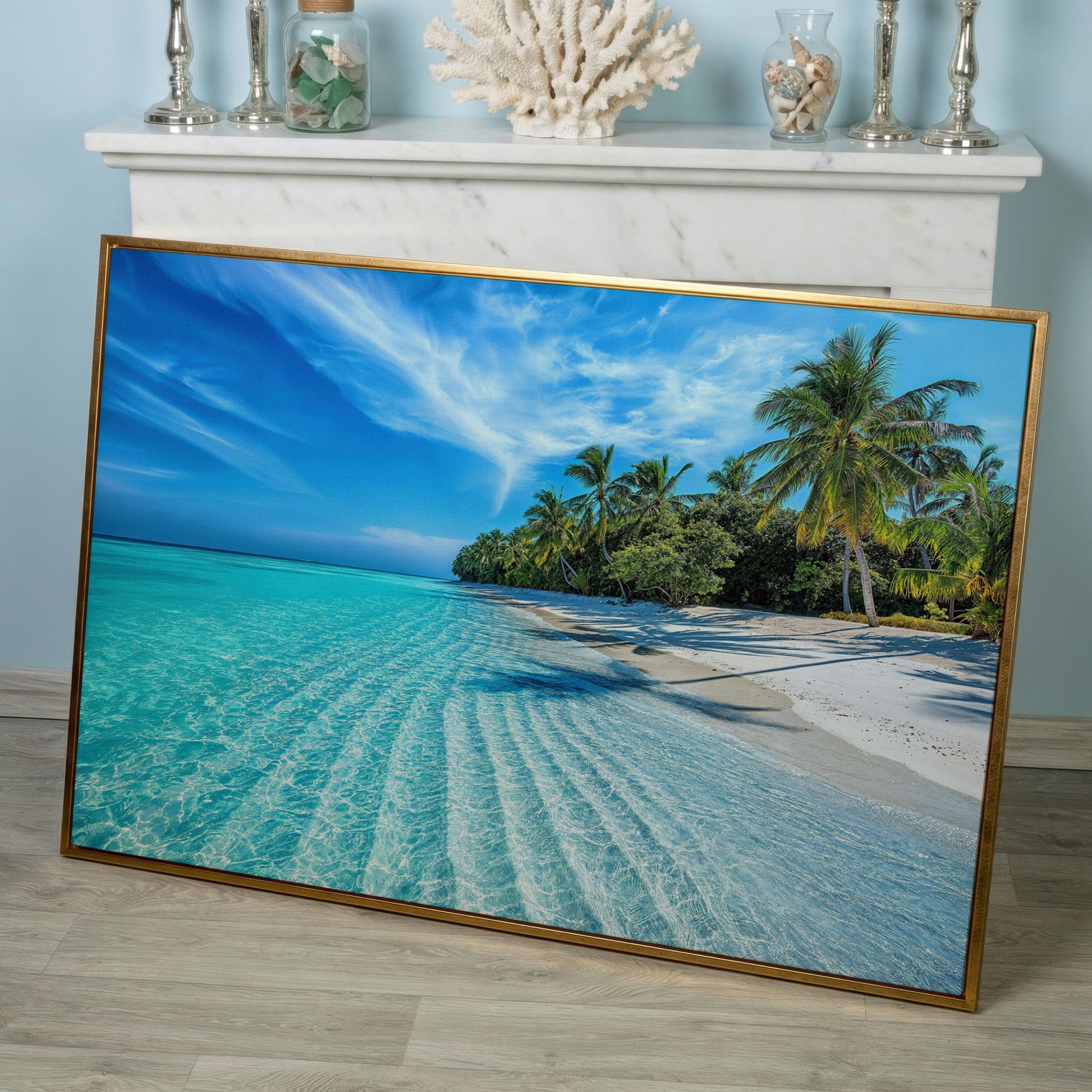 Tropical Beach with Palm Trees Canvas in rose gold floating frame