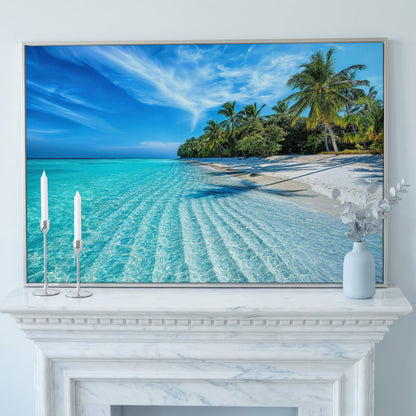 Tropical Beach with Palm Trees Canvas in silver floating frame