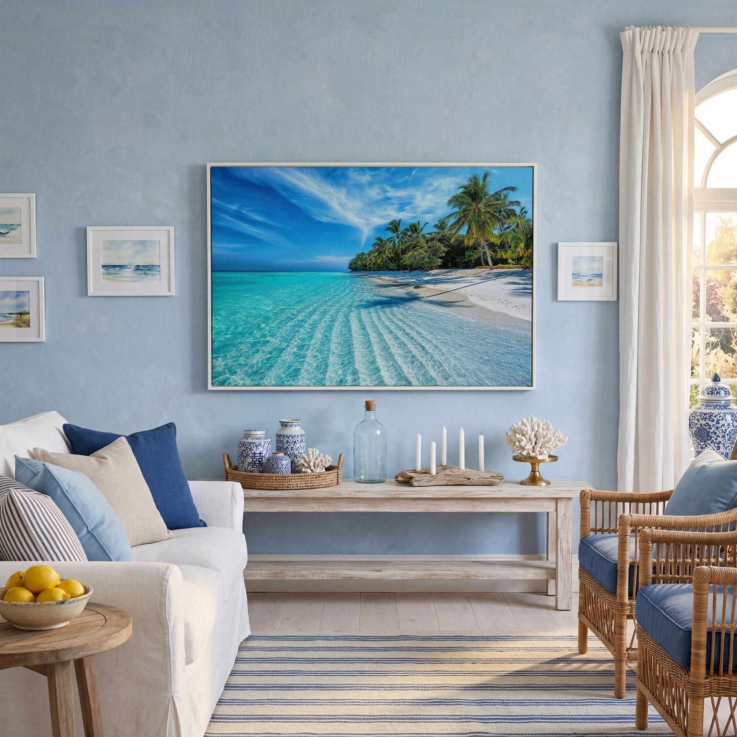 Tropical Beach with Palm Trees Canvas in white floating frame