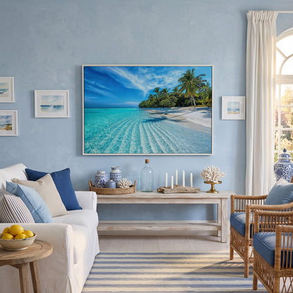 Tropical Beach with Palm Trees Canvas in white floating frame