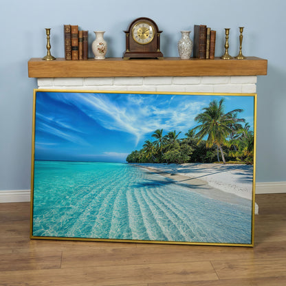 Tropical Beach with Palm Trees Canvas in yellow gold floating frame