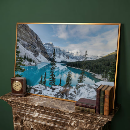 Moraine Lake Canvas Print. Banff Mountain Wall Art in antique gold floating frame