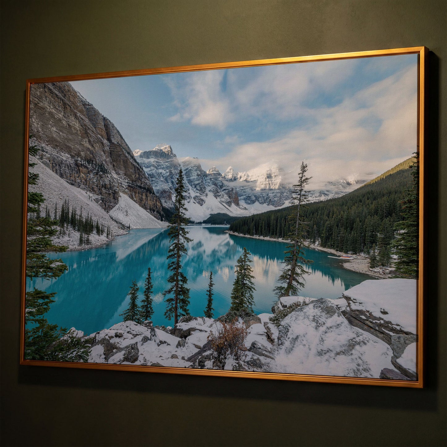Moraine Lake Canvas Print. Banff Mountain Wall Art shown in antique gold floating frame