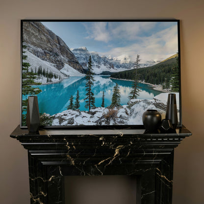 Moraine Lake Canvas Print. Banff Mountain Wall Art in black floating frame