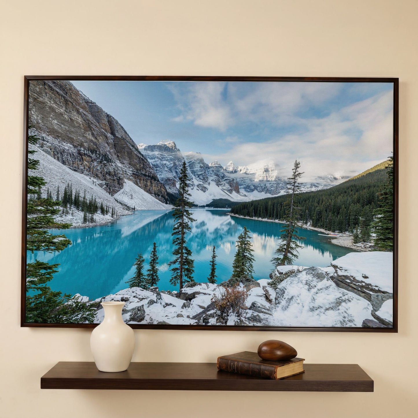 Moraine Lake Canvas Print. Banff Mountain Wall Art in dark walnut floating frame